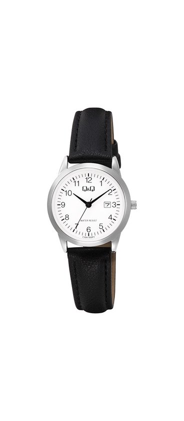 Q&Q C30A-003PY - Horloge - Analoog - Vrouwen - Dames - Leren band - Rond - Metaal - Cijfers - Datumaanduiding - Zwart - Zilverkleurig - Wit - 3 ATM