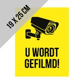 Pictogram/ bord | "U wordt gefilmd!" | 19 x 25 cm | CCTV | Beveiliging | Videobewaking | Camera bewaking | Politie | Diefstal verhinderen | Preventie | Geel | Opvallend | Polystyreen | Dikte: 1 mm | 2 stuks