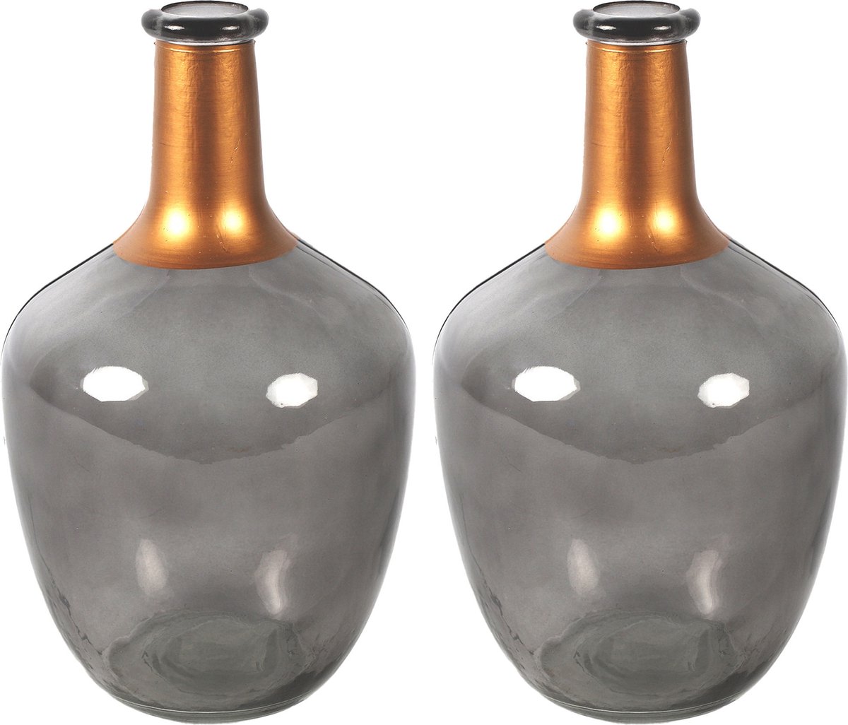 Countryfield Bloemenvaas Firm Big Bottle - 2x - transparant grijs/koper - glas - D15 x H25 cm