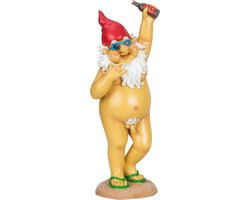 Tuinkabouter beeld Happy Nudist - Polystone - Bloot en bezopen - 31 cm - Origineel fun kado - Stoute kabouters