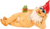 Figurine nain de jardin Happy Nudist - Polystone - Nu avec canette de bière - 26 cm - Cadeau original amusant - Bonnet rouge - Gnomes coquins