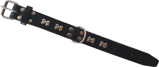PET PRODUCTS Bones Halsband / Hondenhalsband - Gevet leder - Zwart - Breedte 35 mm - Nekomtrek 26 - 33 cm (GELIEVE ALVORENS BESTELLEN OPMETEN)