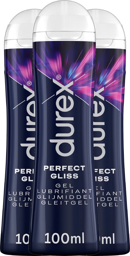 Drie flessen Durex Perfect Gliss glijmiddel, 100 ml elk, met paarse en blauwe abstracte grafische patronen.