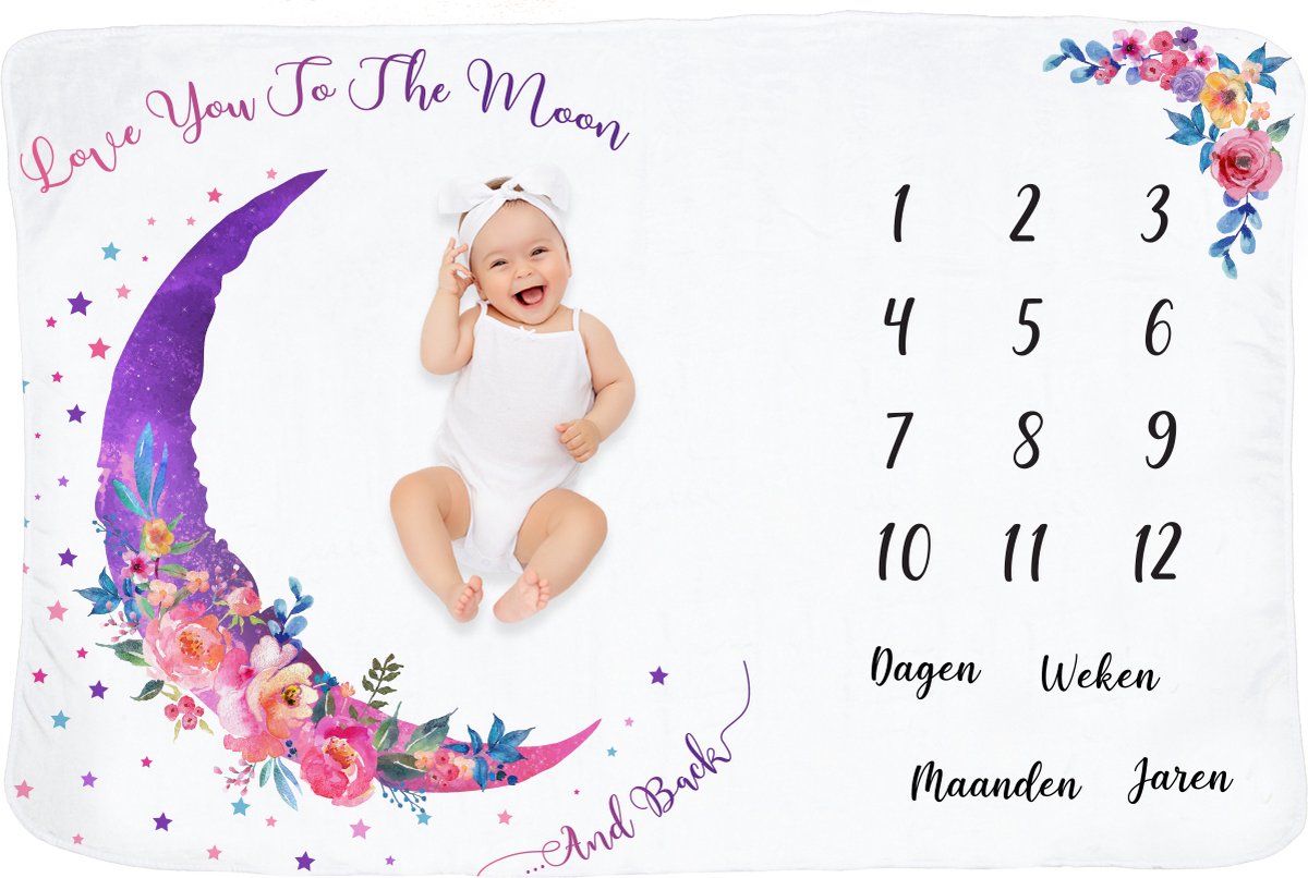 Goedkoopste Frummel Mijlpaaldeken ‘Roze Maan’ – Milestone deken – Mijlpaal baby – Kraamcadeau Jongen – Kraamcadeau Meisje – Baby Shower Cadeau – Baby Cadeau – Mijlpaaldeken in het Nederlands – Moederdag cadeau - 100 x 150 cm