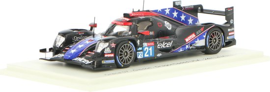 Zwarte raceauto #21 met blauwe sterren en 'Motul' logo's, op een display.