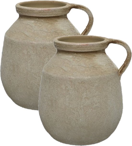 2x pièces de cruches/pichets en terre cuite blanc crème à l'ancienne 25 cm - Décoration de jardin en faïence