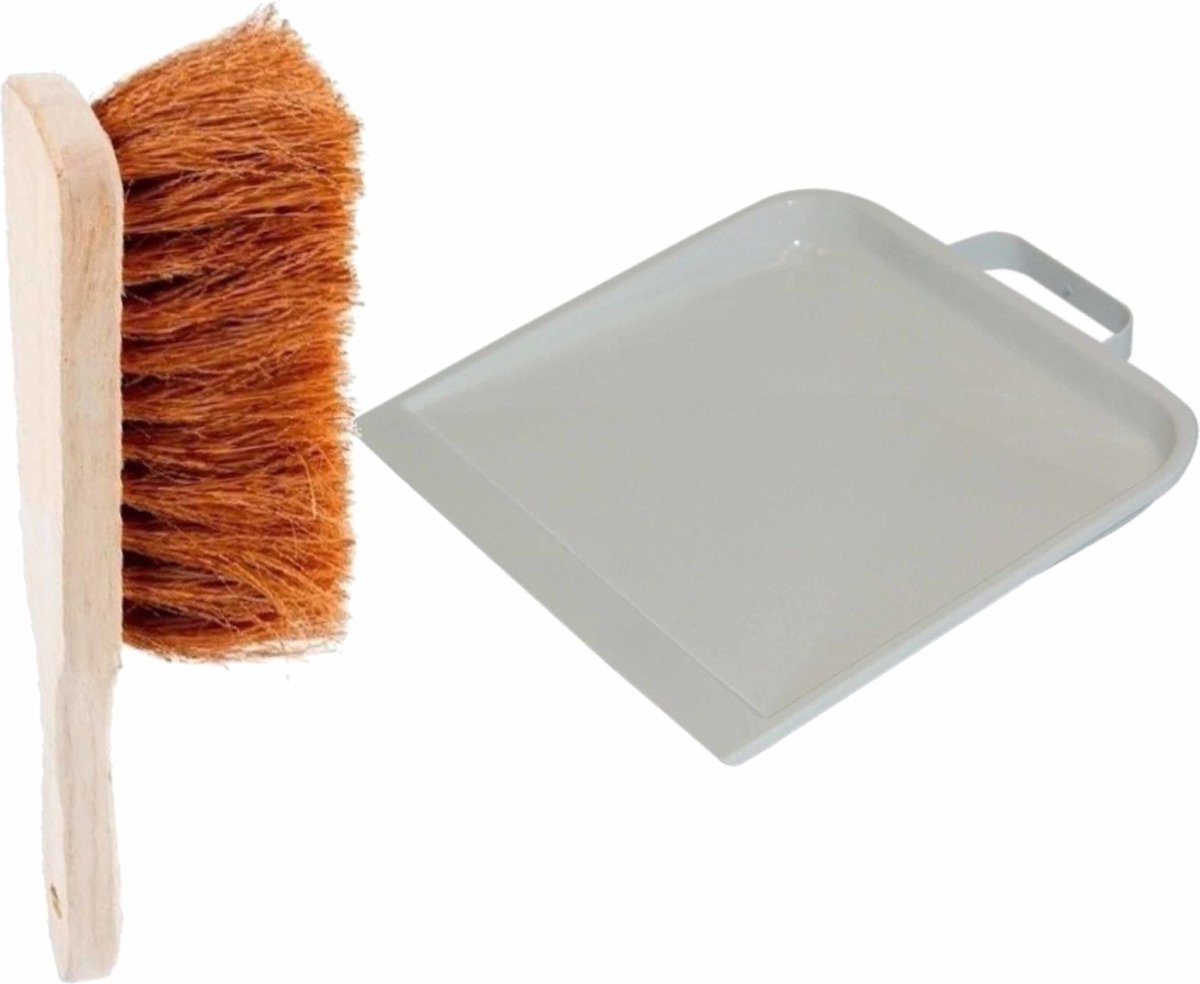 Goedkoopste Benson Stevige houten stoffer 30 cm - en lichtgrijs metalen blik van 22 x 26 cm - voor huis en tuin