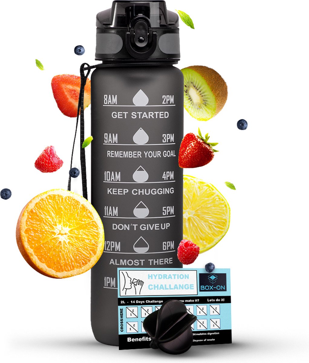 Motivatie Waterfles - Met Fruitfilter - Inclusief Shake Bal - Zwart - 1 Liter Drinkfles - Motivatiefles - Waterfles met tijdmarkering - BPA Vrij - Volwassenen - Kinderen - Met Box-On Hydration Challenge