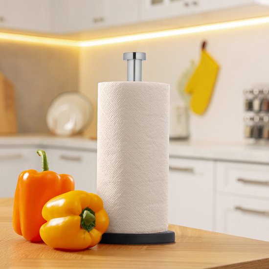 Relaxdays Keukenrolhouder Staand RVS - Keukenpapierhouder Zilver/Zwart 33 Cm