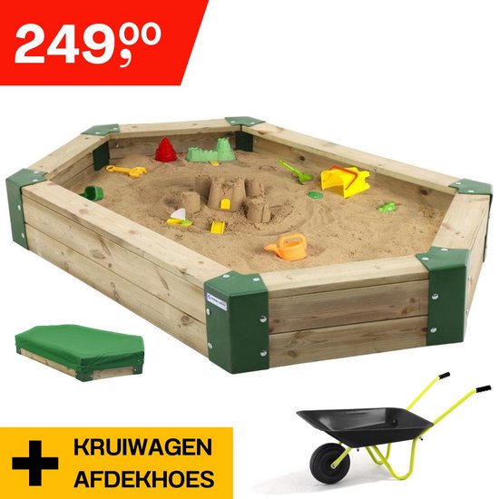 Hörby Bruk® Zandbak Bundel 210 - Inclusief Zwarte Kruiwagen + Zandbak hoes - 100% FSC Hout - 10 Jaar Hout Garantie- Zandbak Hout - Speeltoestel buiten - Zandbak speelgoed - Zandbak kind - LxBxH 200 x 150 x 15 cm - Zandbak Speelgoed