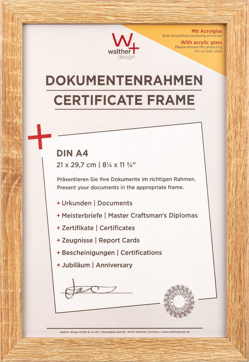 Walther Fiorito - MDF Houten lijst - Fotoformaat 21x29,7 cm - Kunstglas - Licht Eiken Lichte eik