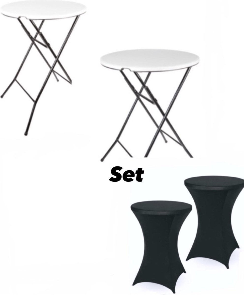 2x Stevige Statafel INCl 2x Zwarte Statafelrok - Partytafel - Robuust en Weersbestendig - Inklapbaar - 80cm x 110cm - Feest - Wit/Zwart