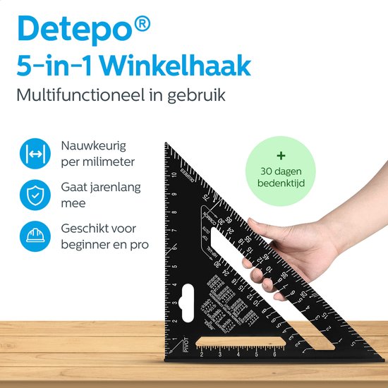 Detepo - Carpenter Mesure Driehoek - Carré Carré en Aluminium - Triangle 5 en 1 Degré - Zwart