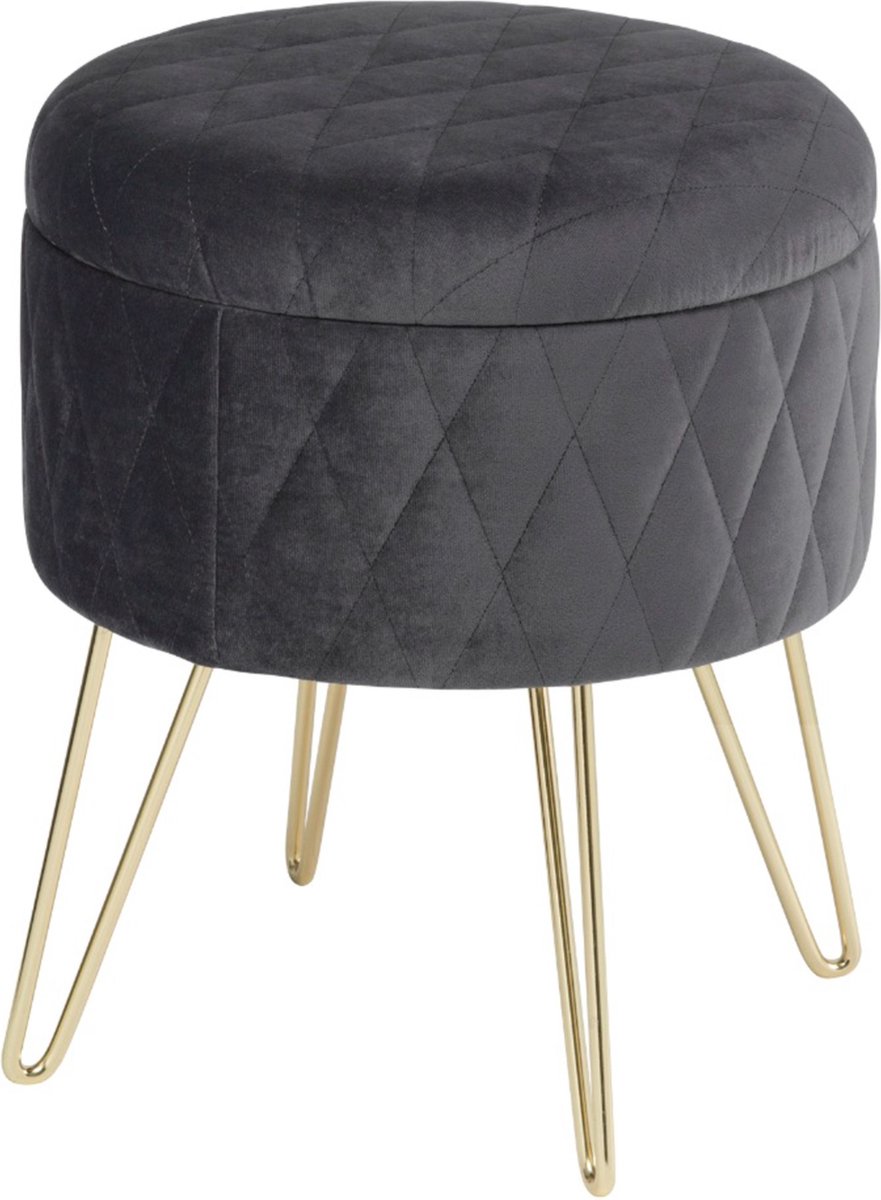 Happyment Luxe Poef - Velvet donkergrijs - Voetenbank met opbergruimte - Opbergbox hocker