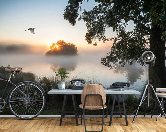 Chambre avec une fresque d'un lever de soleil sur un lac brumeux, avec un oiseau, un vélo et un bureau avec une machine à écrire.
