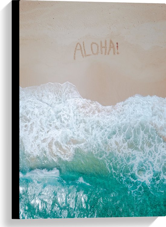 WallClassics - Canvas - Aanstromende Golven bij Strand met Tekst ''Aloha!'' - 40x60 cm Foto op Canvas Schilderij (Wanddecoratie op Canvas)