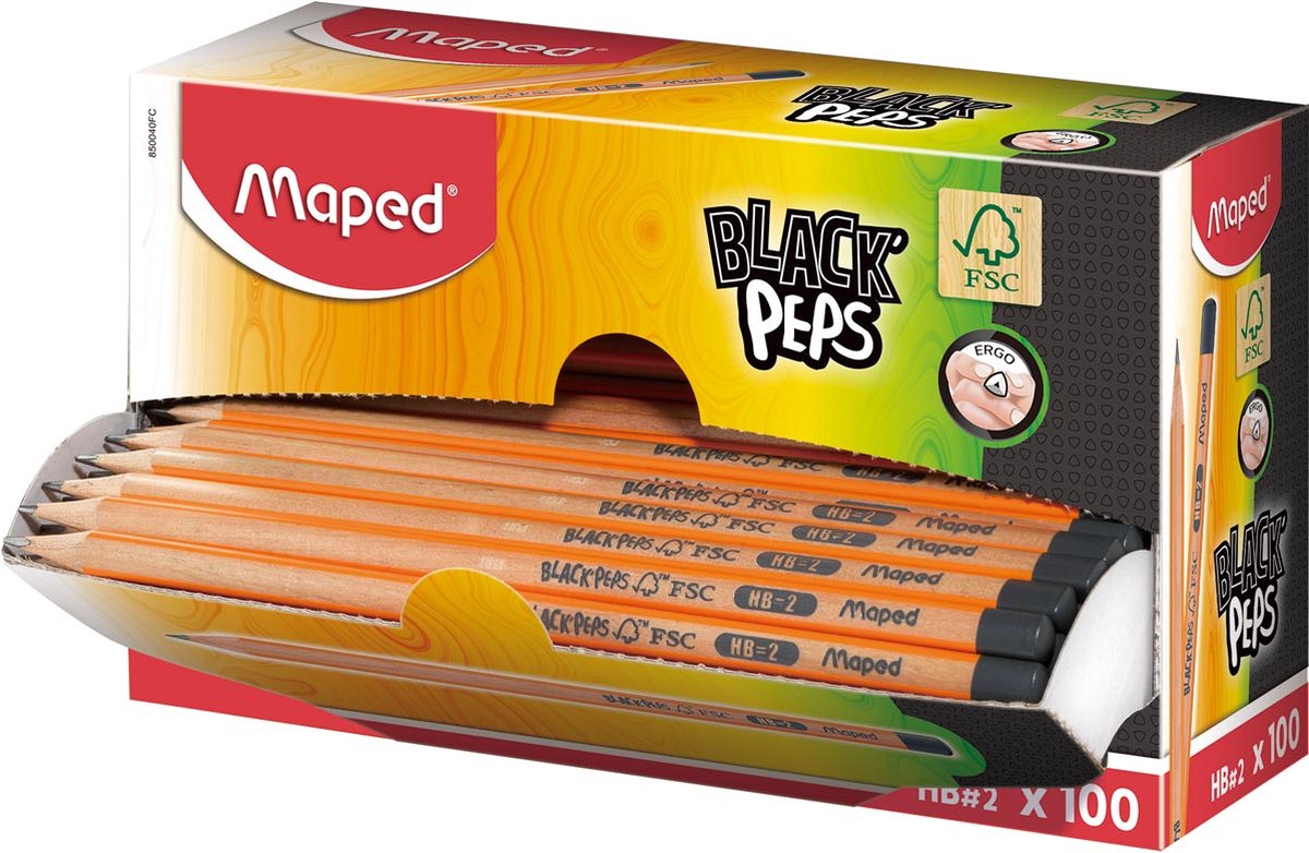 Maped potlood Black'Peps HB, zonder gum, kartonnen displaydoos van 100 stuks