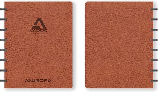 Bruine A5 notitieboek met leerlook kaft en "ADOC SYSTEMS" logo op de voorkant. "AURORA" is aan de onderkant van de voorkant gegraveerd.
