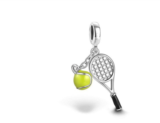 Charme pour Bracelet Pandora | Breloque raquette de tennis | Raquette de tennis avec balle | Jouer au tennis | Argent | 925 | Émail jaune, noir | Cadeau |
