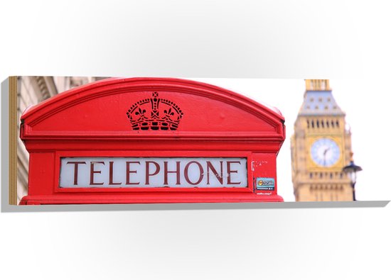Hout - Rode Telefooncel met de Big Ben op de achtergrond - 90x30 cm - 9 mm dik - Foto op Hout (Met Ophangsysteem)
