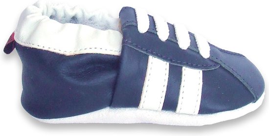 Aapie babyslofjes - Sneaker blauw wit - slofjes voor baby, dreumes - leer - antislip - eerste loopschoentjes - maat S
