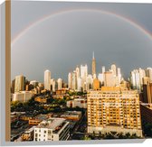 Hout - Regenboog boven Stad - 50x50 cm - 9 mm dik - Foto op Hout (Met Ophangsysteem)