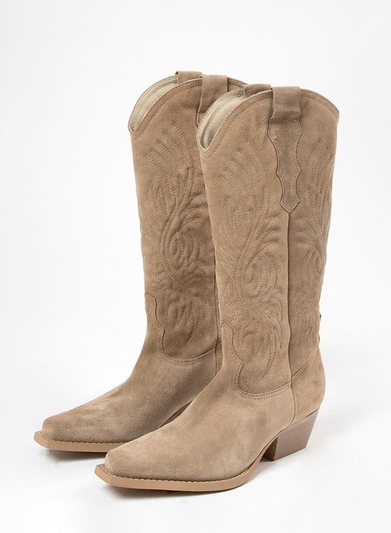 Sacha - Dames - Beige suède cowboylaarzen met stiksels - Maat 39
