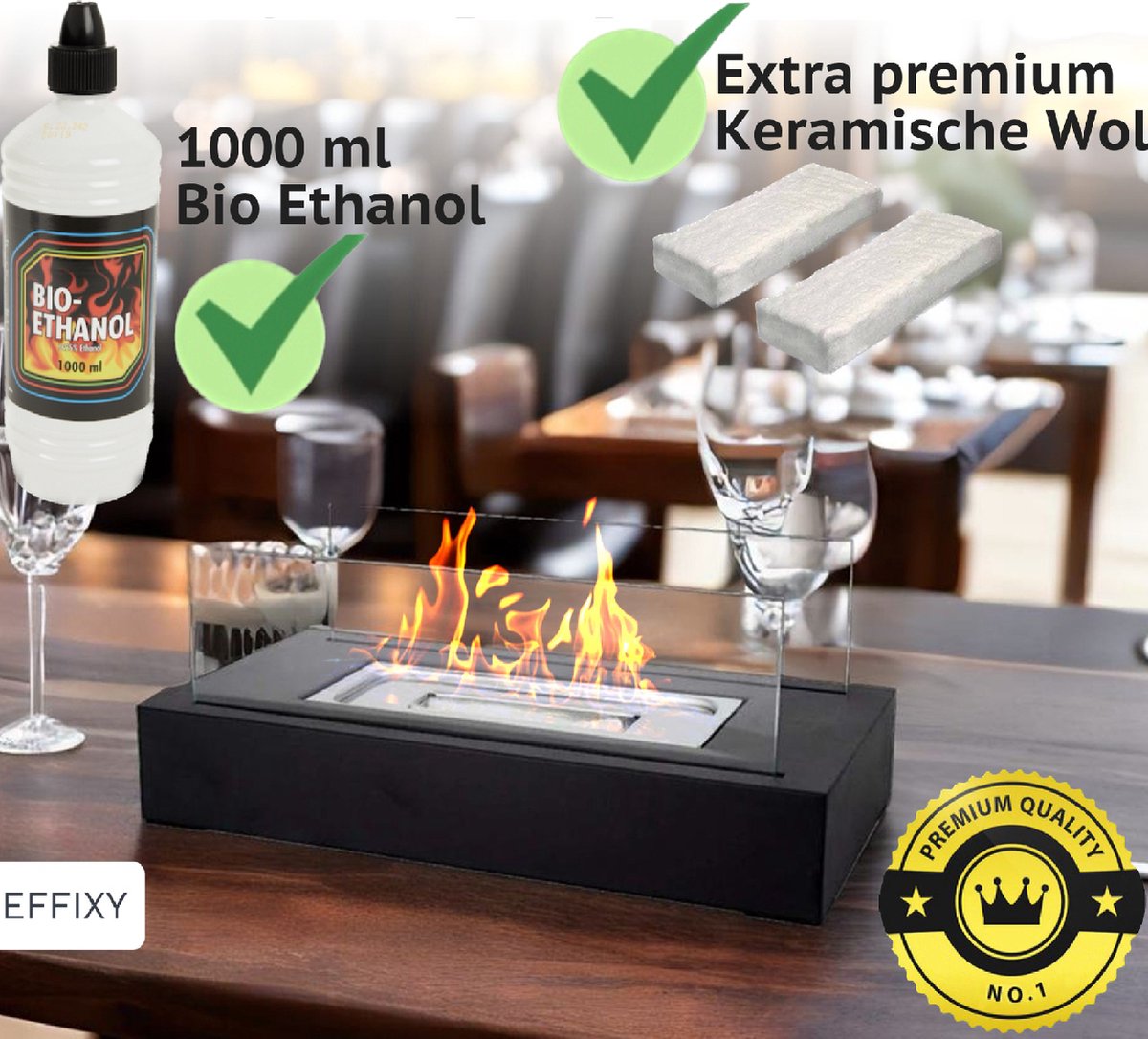 EFFIXY® - Bio Ethanol Tafelhaard - INCLUSIEF 1000 ml Bio Ethanol & Premium keramische wol - 1 jaar garantie - Sfeerhaard - Terrashaard - Tafelbrander