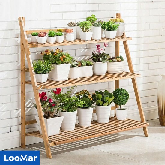Gecheer Tuintafel, plantenrek, bloempotten, plantenstandaard, terrastafel, plantentafel met legplanken van douglashout, 108 x 45 x 86,5 cm