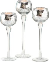 Luxe glazen design kaarsenhouders/windlichten set van 3x stuks zilver transparant met formaat tussen de 18 en 22 cm