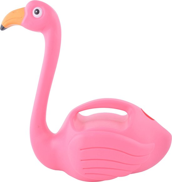 Arrosoir rose en forme de flamant rose avec un bec orange. L'arrosoir a une poignée et un point rouge sur l'aile.