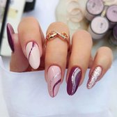 Press On Nails - Nep Nagels - Roze Rood Glitter - Gestreept - Almond - Manicure - Plak Nagels - Kunstnagels nailart - Zelfklevend - 10R