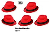 20x Festival hoed rood met zwarte band - Strohoedje - Toppers - Hoofddeksel hoed festival thema feest feest party