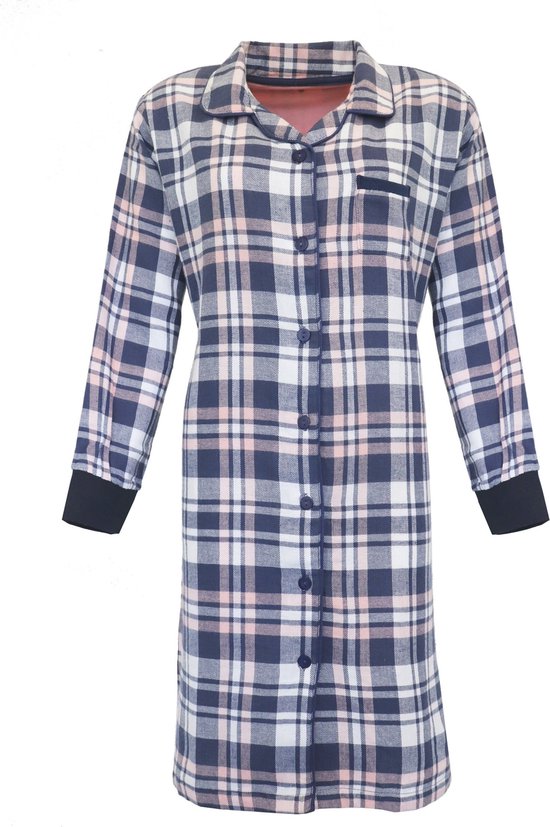 Irresistible Dames Nachthemd - Flannel - Doorknoop - Blauw - Maat XXL