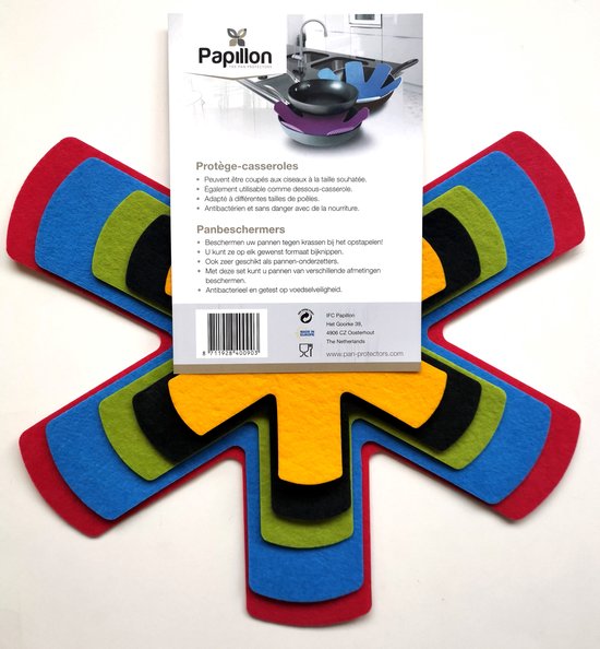 Papillon panbeschermers in rood, blauw, groen, geel en zwart. Beschermt pannen tegen krassen.