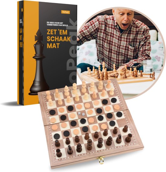 Afbeelding van het spel No Peak 3 in 1 schaakbord - Schaakspel - Dammen - Backgammon - 3 in 1 schaakset - schaakbord met schaakstukken - Inclusief E-Book