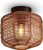 Ronde rotan plafondlamp met spiraalvormig patroon, met zichtbare gloeilamp en zwarte fitting.
