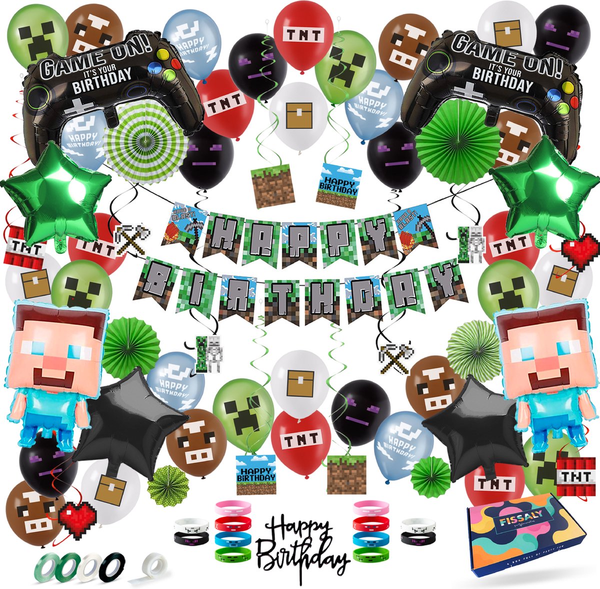 Fissaly 81 Stuks Pixel Video Game Verjaardag Versiering – Thema Decoratie – Ballonnen, Slingers, Armbandjes & Accessoires - Fissaly