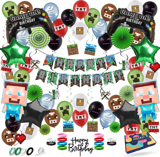 Fissaly 81 Stuks Pixel Video Game Verjaardag Versiering – Thema Decoratie – Ballonnen, Slingers, Armbandjes & Accessoires