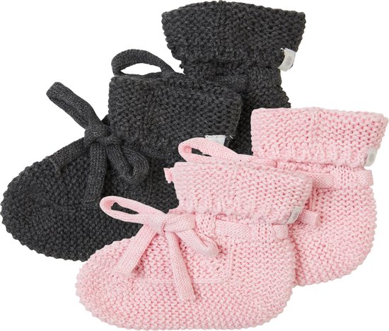 Noppies - Chaussons tricotés - emballés dans une boîte cadeau - 2 paires - Bébé 0-12 mois - Coton bio - Rose Melange - Gris foncé mélange