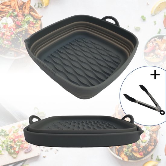 Foto: Digimates airfryer siliconen bakje 20 5cm vierkant xl xxl accessoires inklapbaar bakpapier mand grijs