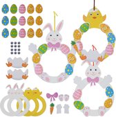 6 paaskransen knutselset voor kinderen, creatief knutselen, doe-het-zelf creatieve sets voor knutselen met kranssjablonen voor kuikens/konijntjes, paasdecoratie om op te hangen voor Pasen/lente