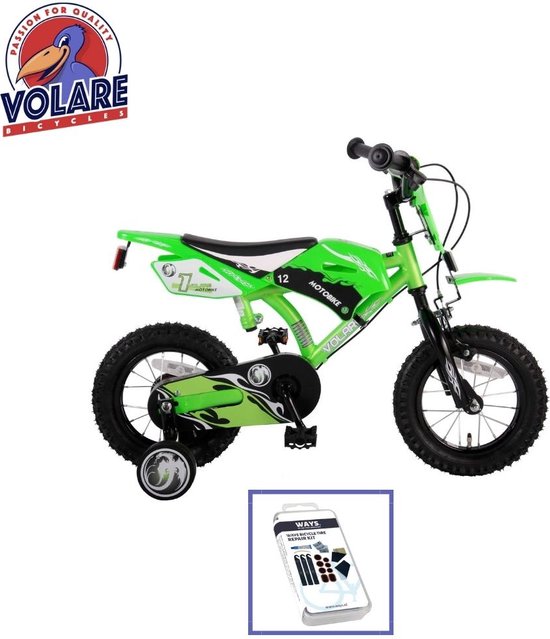 Moto de vélo pour enfants Volare - 12 pouces - Vert - Deux freins à main - Y compris le kit de réparation de pneus WAYS