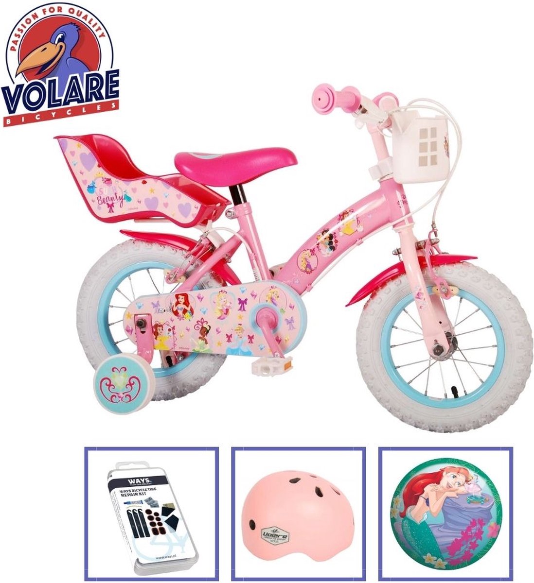 Volare Kinderfiets Disney Princess - 12 inch - Roze - Twee handremmen - Met fietshelm + accessoires