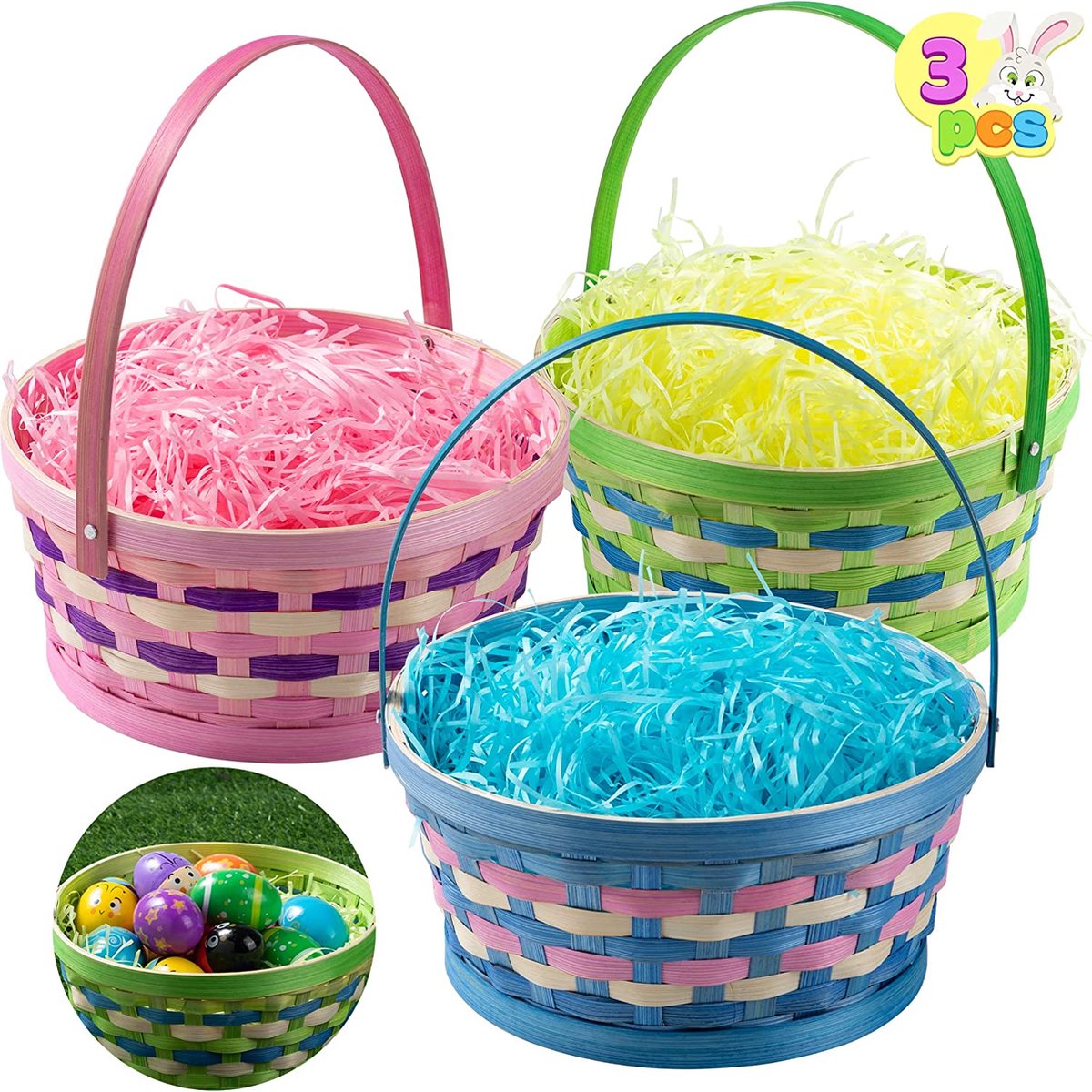 3-pack bamboe mandjes met contrasterende kleuren