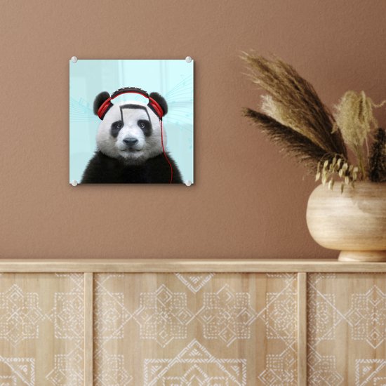 MuchoWow® Peinture sur verre 20x20 cm - Peinture sur verre acrylique - Panda - Casque - Animal - Notes de musique - Rouge - Photo sur verre - Peintures