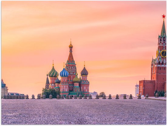 Poster Glanzend – Kleurrijke Kathedralen op Rode Plein in Moskou, Rusland - 80x60 cm Foto op Posterpapier met Glanzende Afwerking