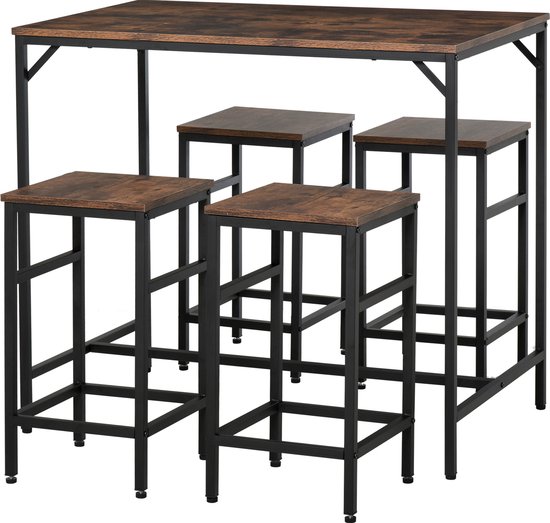 HOMCOM Ensemble de table de bar Table de bar avec 4 tabourets de bar Set de table 5 pièces acier brun 835-337