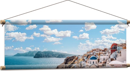 WallClassics - Textielposter - Klassiek Witte Huisjes in Santorini - 90x30 cm Foto op Textiel