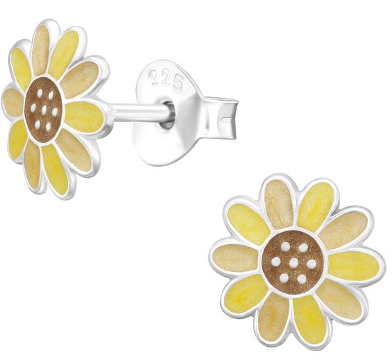 Joy|S - Zilveren zonnebloem oorbellen - 8 mm - gele bloem oorknoppen